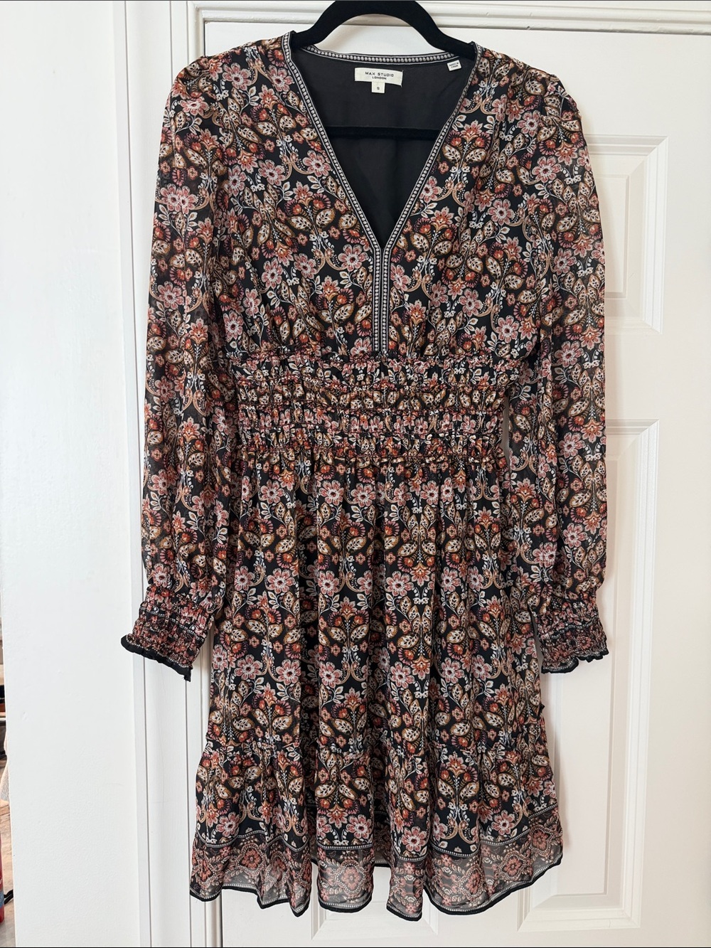 Max Studio Black Floral V-Neck Smocked-Waist Long Sleeve Dress